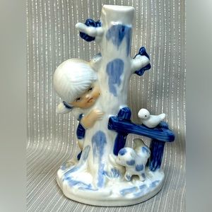 Delft Blue Single Bud Vase - Little Girl, a Puppy and a Bird